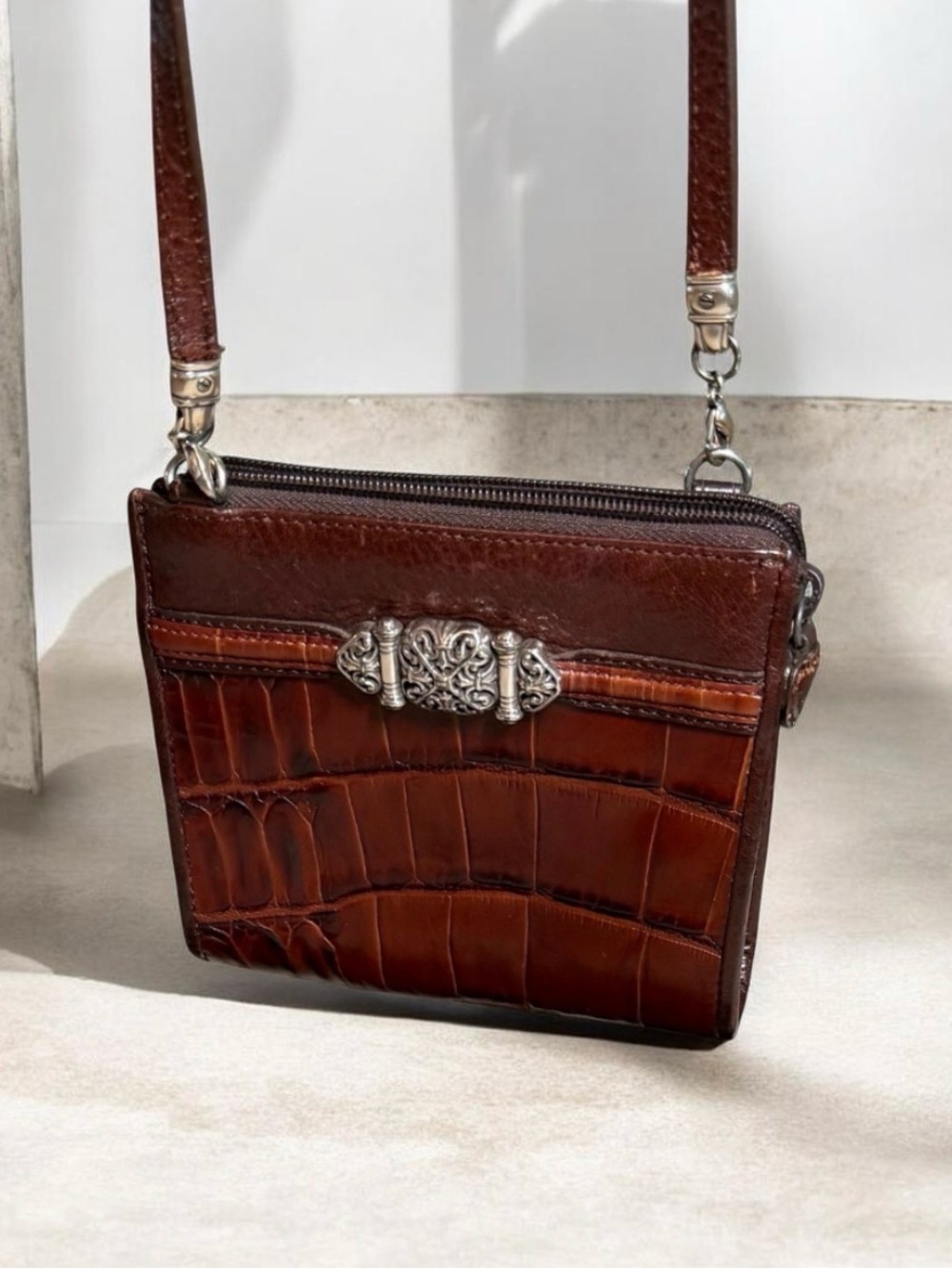 Vintage Brighton Brown Croc Embossed Leather Mini Crossbody Bag Silver Hardware